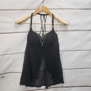 La Senza Sexy Black Lingerie Chemise Racerback Rhinestone Underwire Boudoir